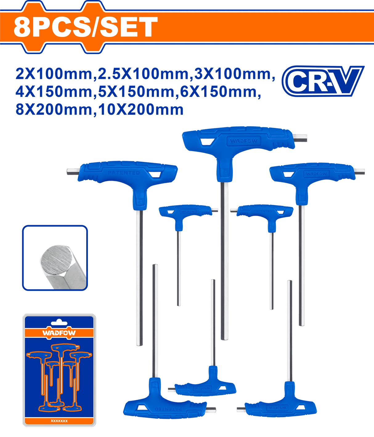 Wadfow WHK1481 8PCS/Set Heat Treatment & Chrome Plate Cr-V Material T-Handle Hex Wrench