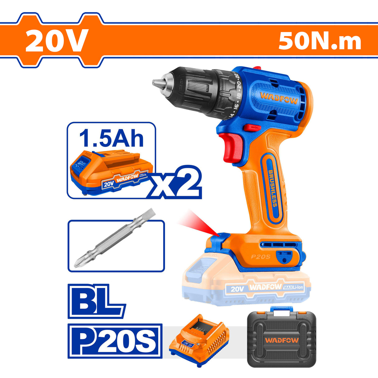Wadfow P20 Series Li-Ion Brushless Motor Cordless Drill Max Torque 50NM WCDP552