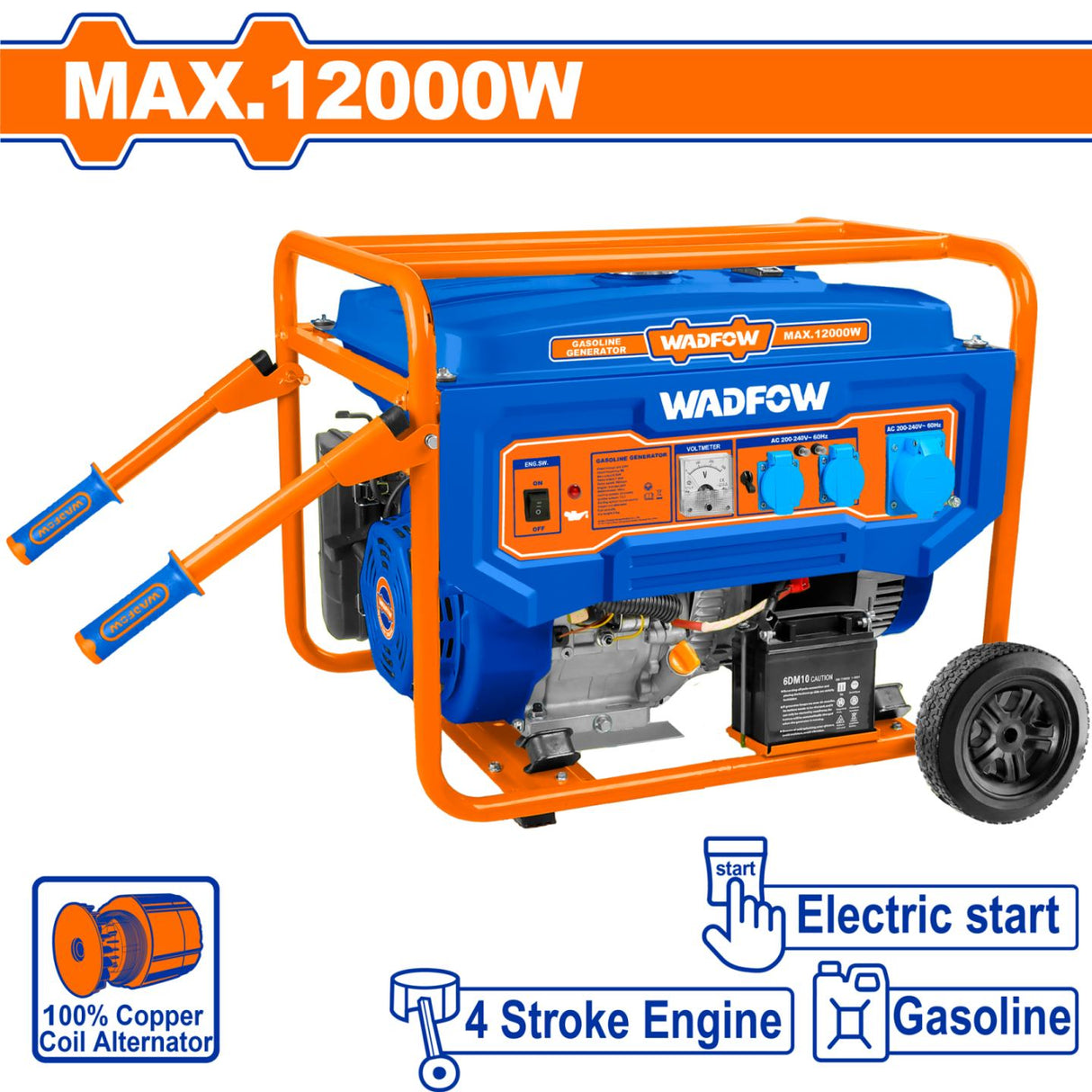 WADFOW WGEAA106-5P 12000W Gasoline Generator with Electric Start | 4-Stroke Engine | 100% Copper Coil Alternator