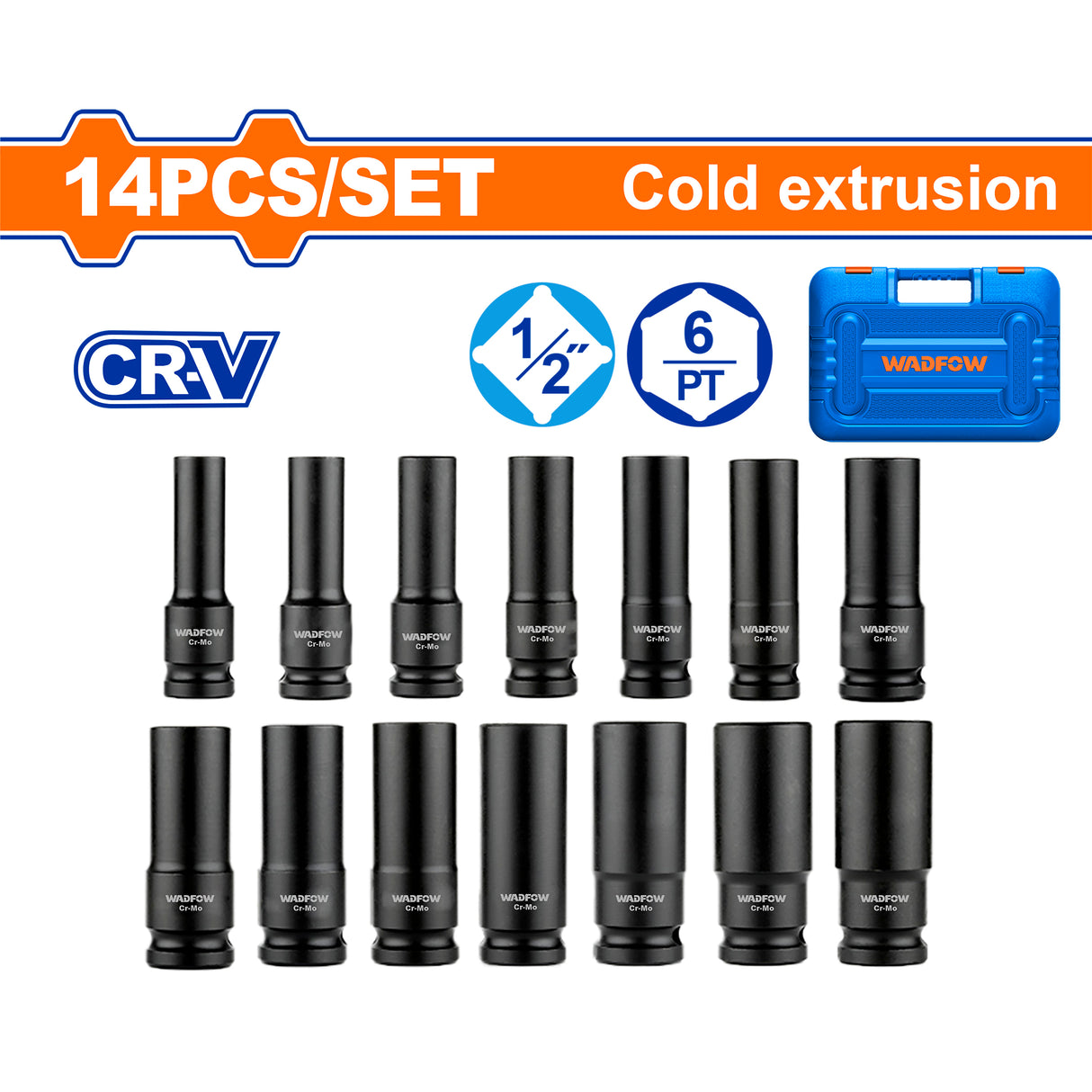 Wadfow WMS4D02 14PCS/Set 1/2inches Dr. Deep Impact Socket Set