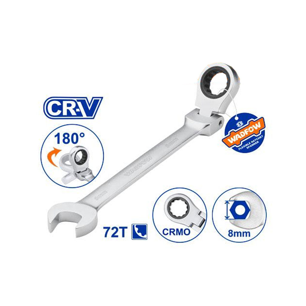 Wadfow 8mm-19mm Drop Forged Heat Treatment Flexible Ratchet Spanner Chrome Plated, 180° degree (WHT)