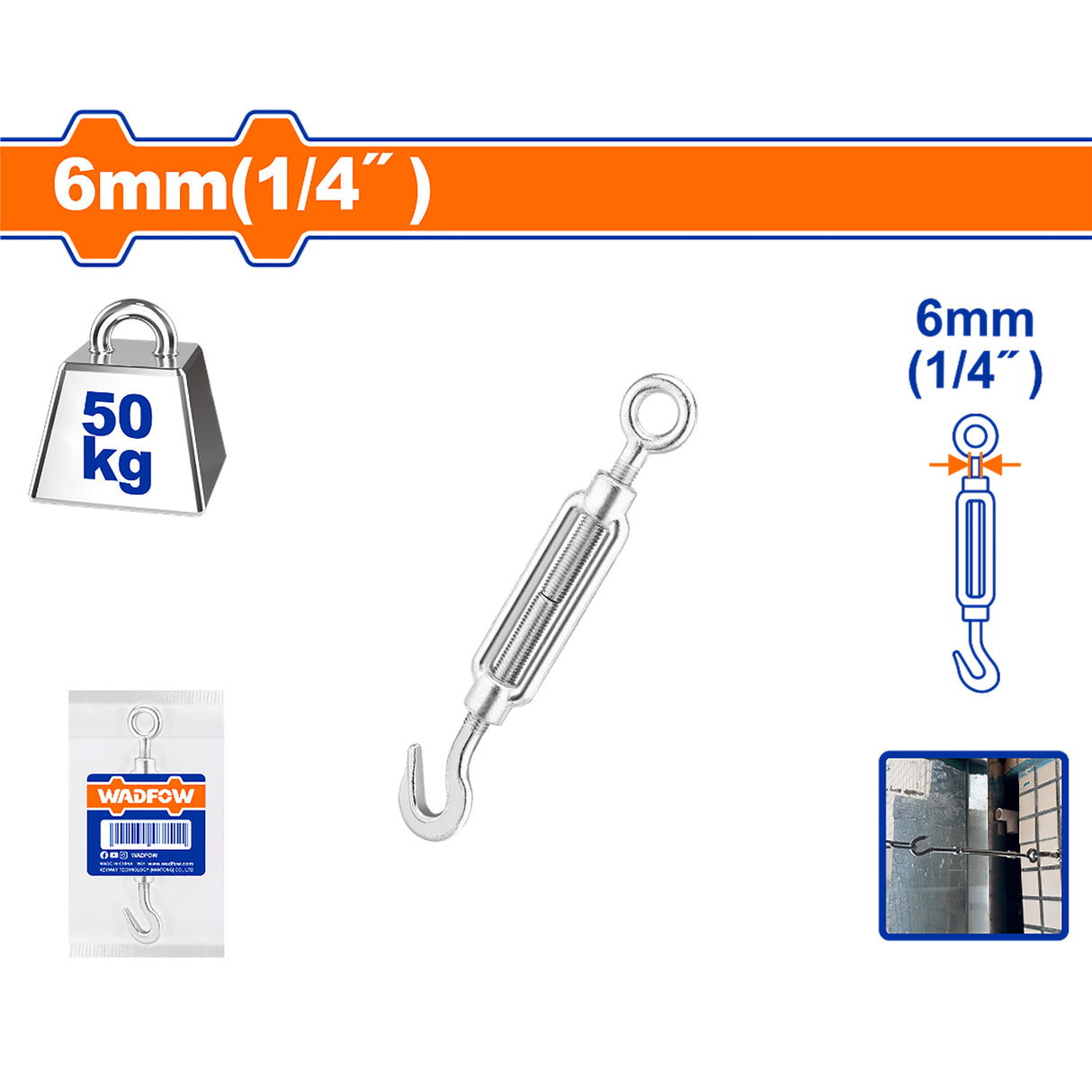 Wadfow 6mm(1/4") | 12mm(1/2") Turnbuckle Hook and Eye Cable Tensioner Hook