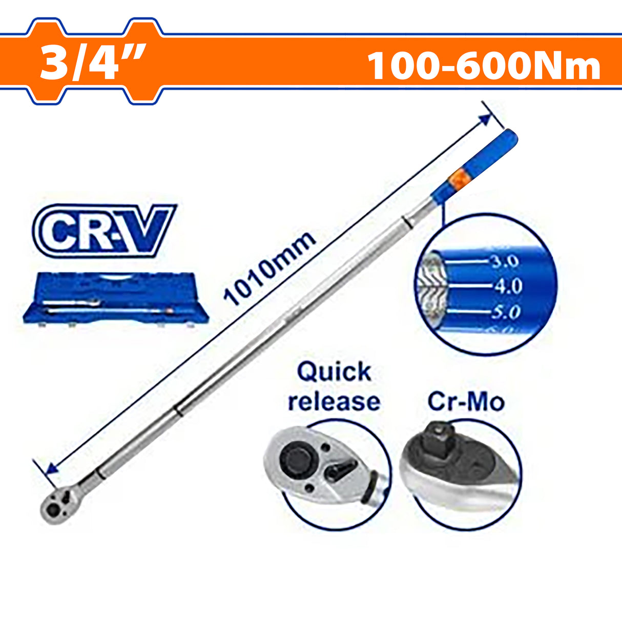 Wadfow Long Cr-V + Cr-Mo steel Heat Treatment Pre-set Torque Wrench WAD-HT