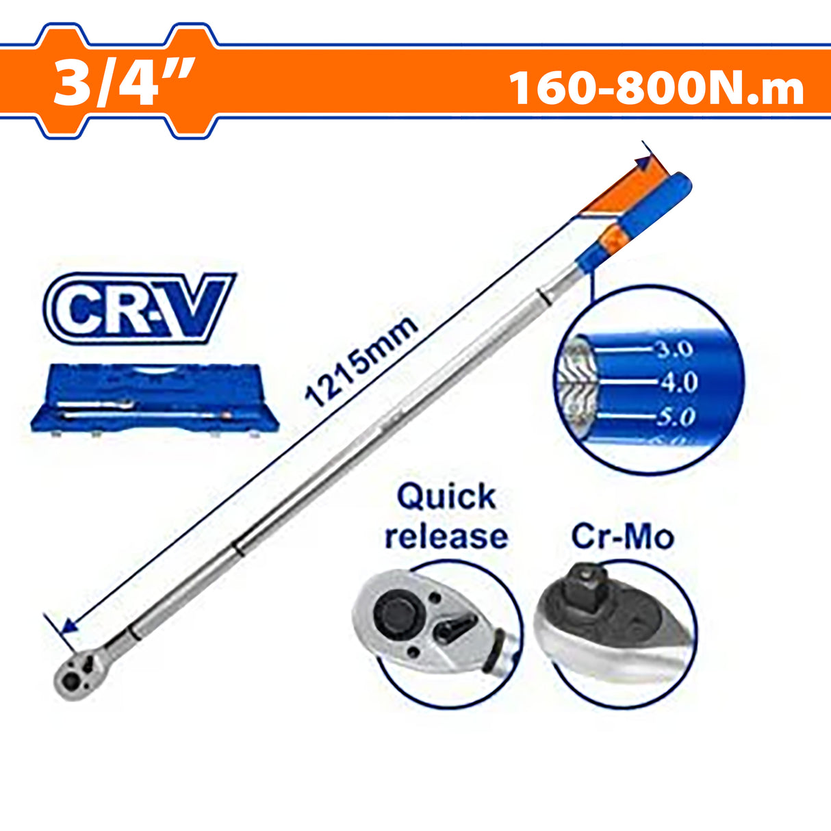 Wadfow Long Cr-V + Cr-Mo steel Heat Treatment Pre-set Torque Wrench WAD-HT