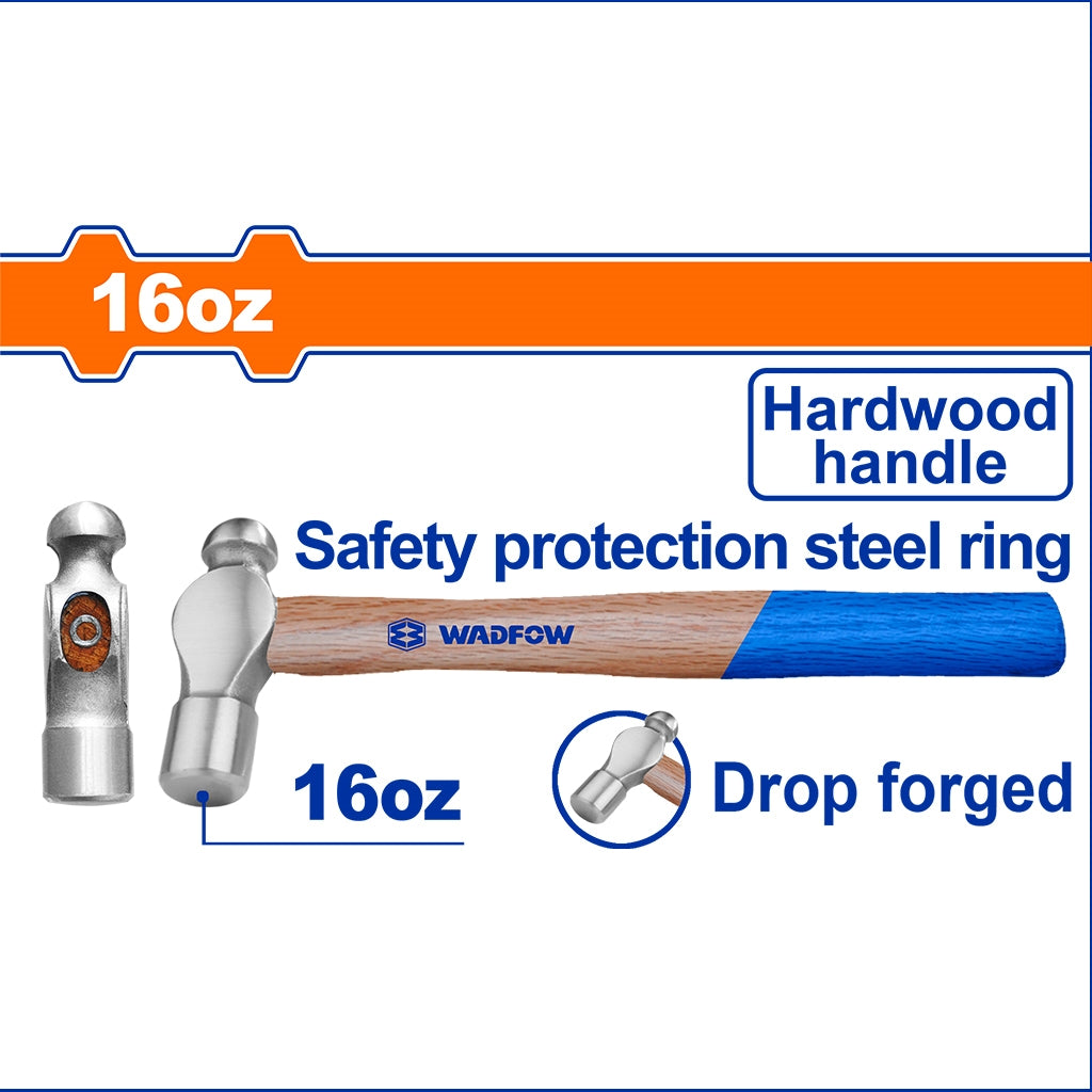 Wadfow Drop-Forged Carbon Steel Hammerhead Ball Pein Hammer With Hardwood Handle (WHT)