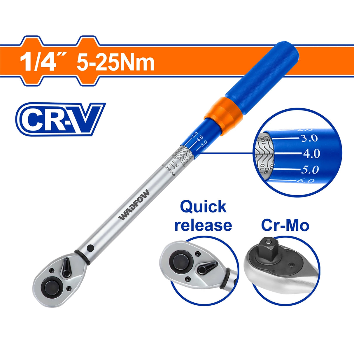 Wadfow Cr-V + Cr-Mo steel Heat Treatment Preset Torque Wrench 1/2,1/4,3/8 Inch