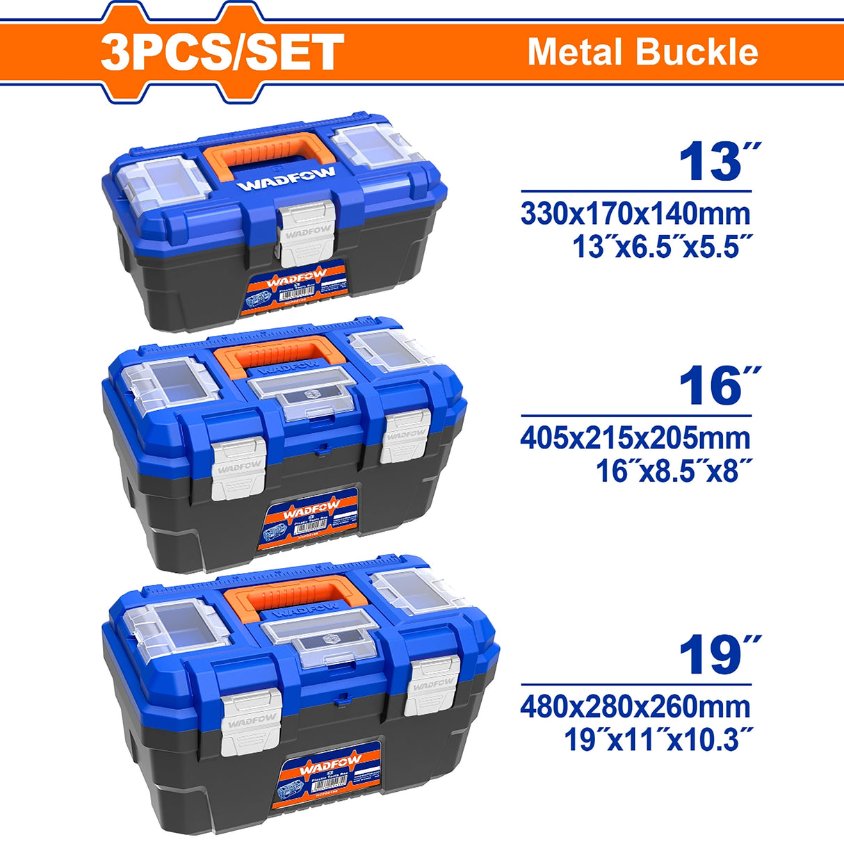 Set of (3) Plastic Tool Box Storage Organizer Case w/ metal & Plastic buckle & plastic tray