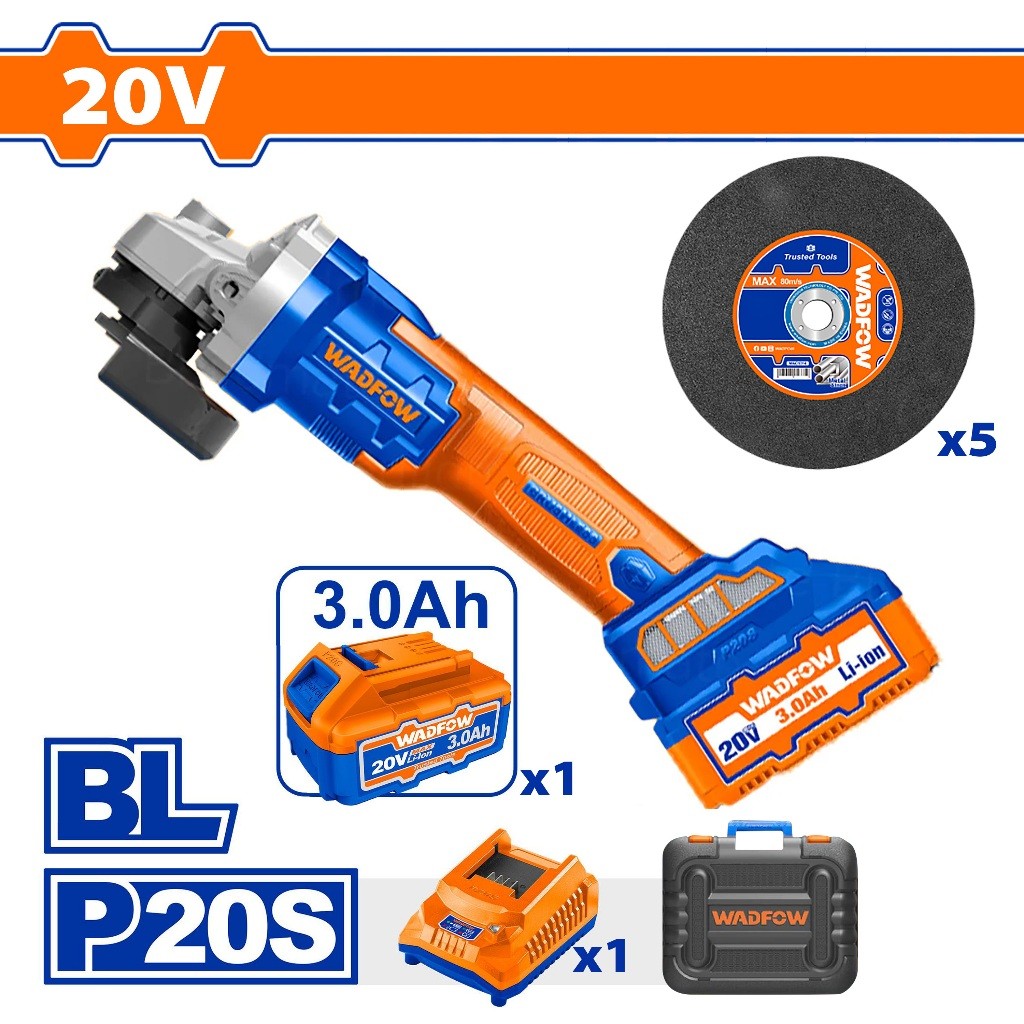 Wadfow WLAP5212 P20S/20V Lithium-Ion Cordless Brushless Motor Angle Grinder with 5PCS Cutting Disc