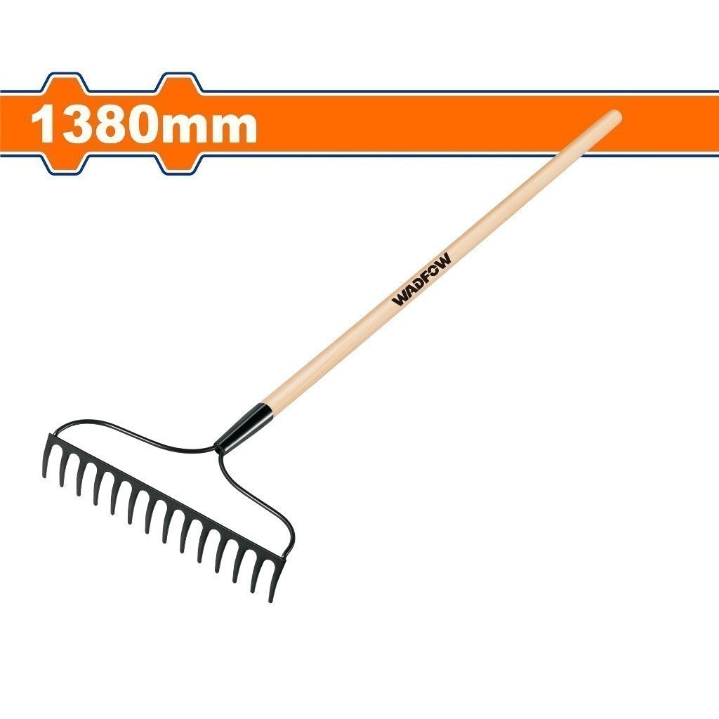 Wadfow WXW1314 | WXW3314 Carbon Steel Garden Rake 14 Teeth / Length: 1250mm-1380mm Wooden Handle