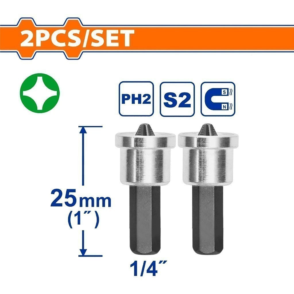 Wadfow 2PCS/Set S2 Industrial Steel Magnetic Bits of Depth Stop PH2 (25mm | 50mm)