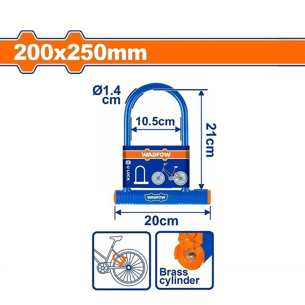 Wadfow WBK6125 100% Brass Cylinder Bicycle U-Lock with 2pcs Brass Keys