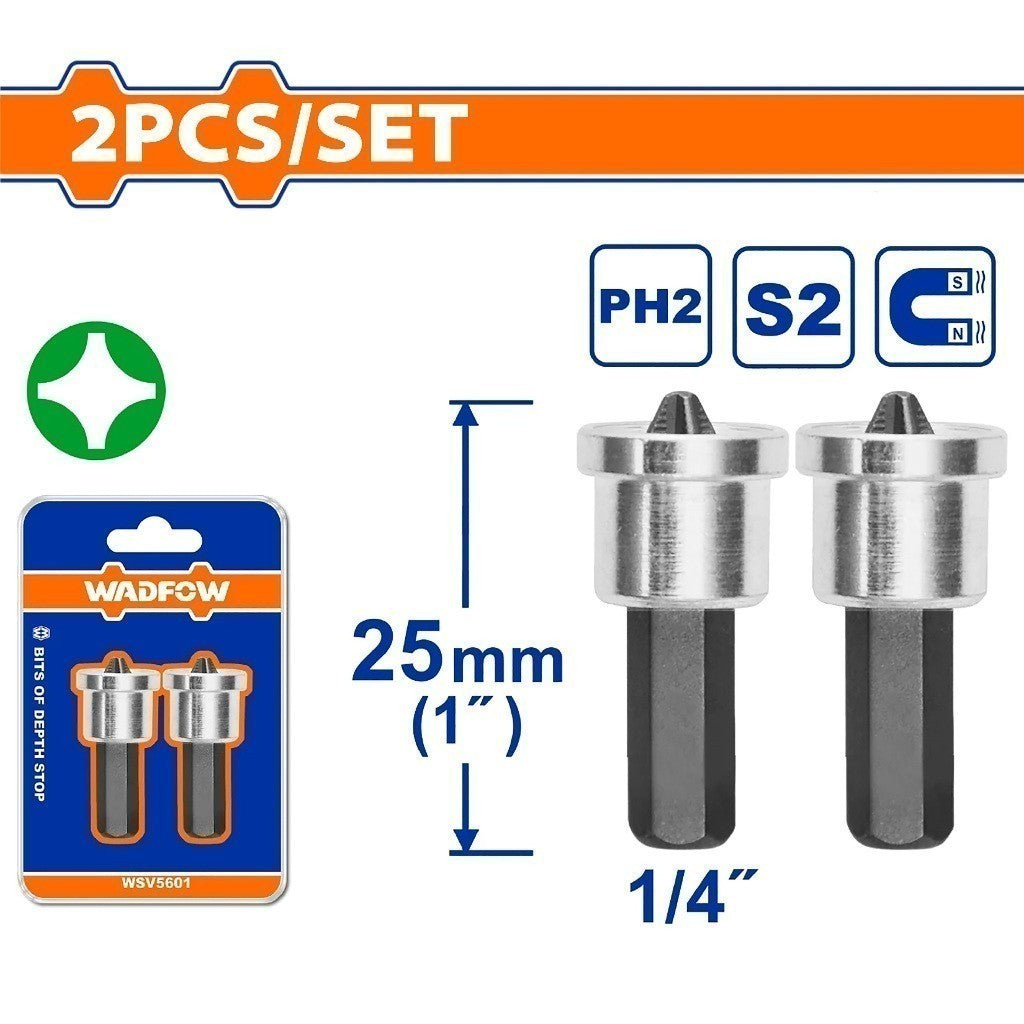 Wadfow 2PCS/Set S2 Industrial Steel Magnetic Bits of Depth Stop PH2 (25mm | 50mm)