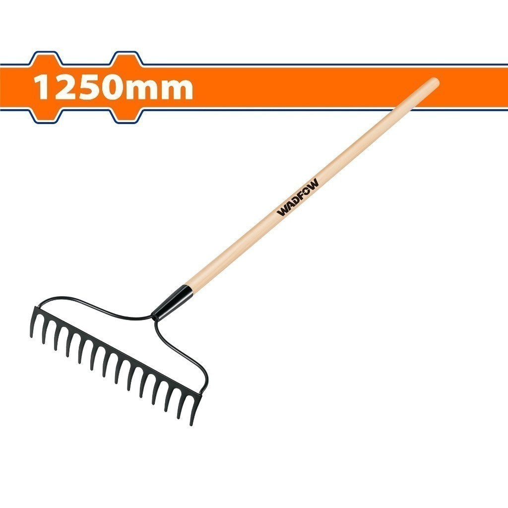 Wadfow WXW1314 | WXW3314 Carbon Steel Garden Rake 14 Teeth / Length: 1250mm-1380mm Wooden Handle