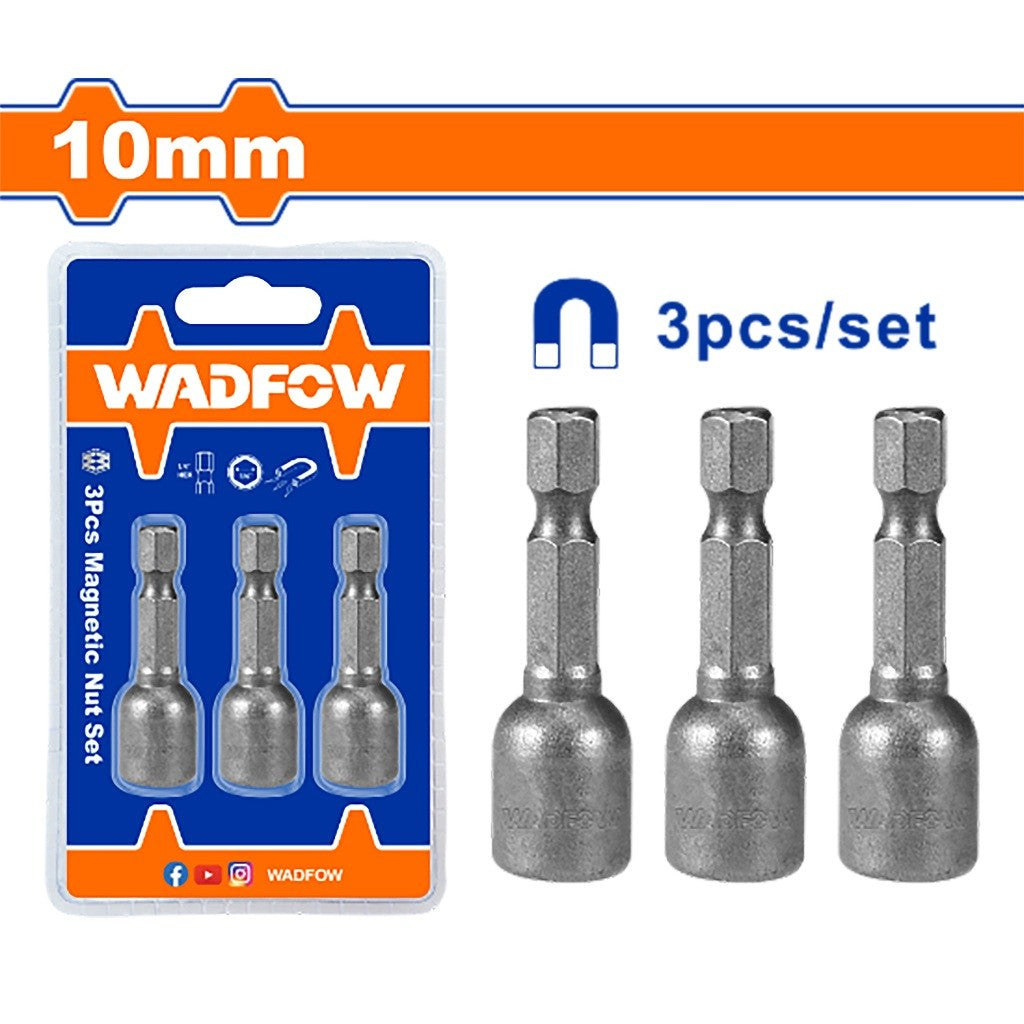 Wadfow WWR1K10 Set of 3 pieces Magnetic Nut 1/4in Hex (48mm) with Strong Magnet