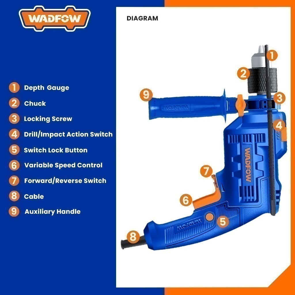 Wadfow WMD15651P Impact Drill 650W with Variable Speed and Hammer Function