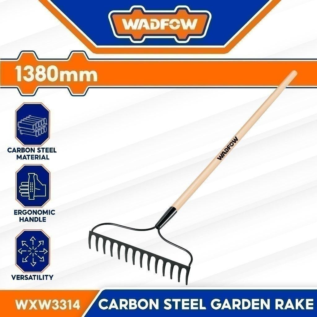 Wadfow WXW1314 | WXW3314 Carbon Steel Garden Rake 14 Teeth / Length: 1250mm-1380mm Wooden Handle