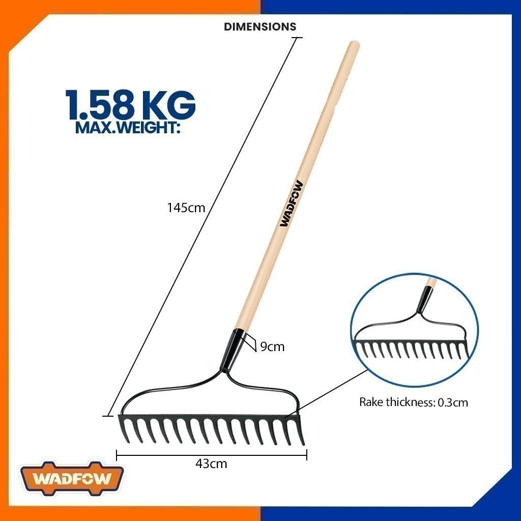 Wadfow WXW1314 | WXW3314 Carbon Steel Garden Rake 14 Teeth / Length: 1250mm-1380mm Wooden Handle