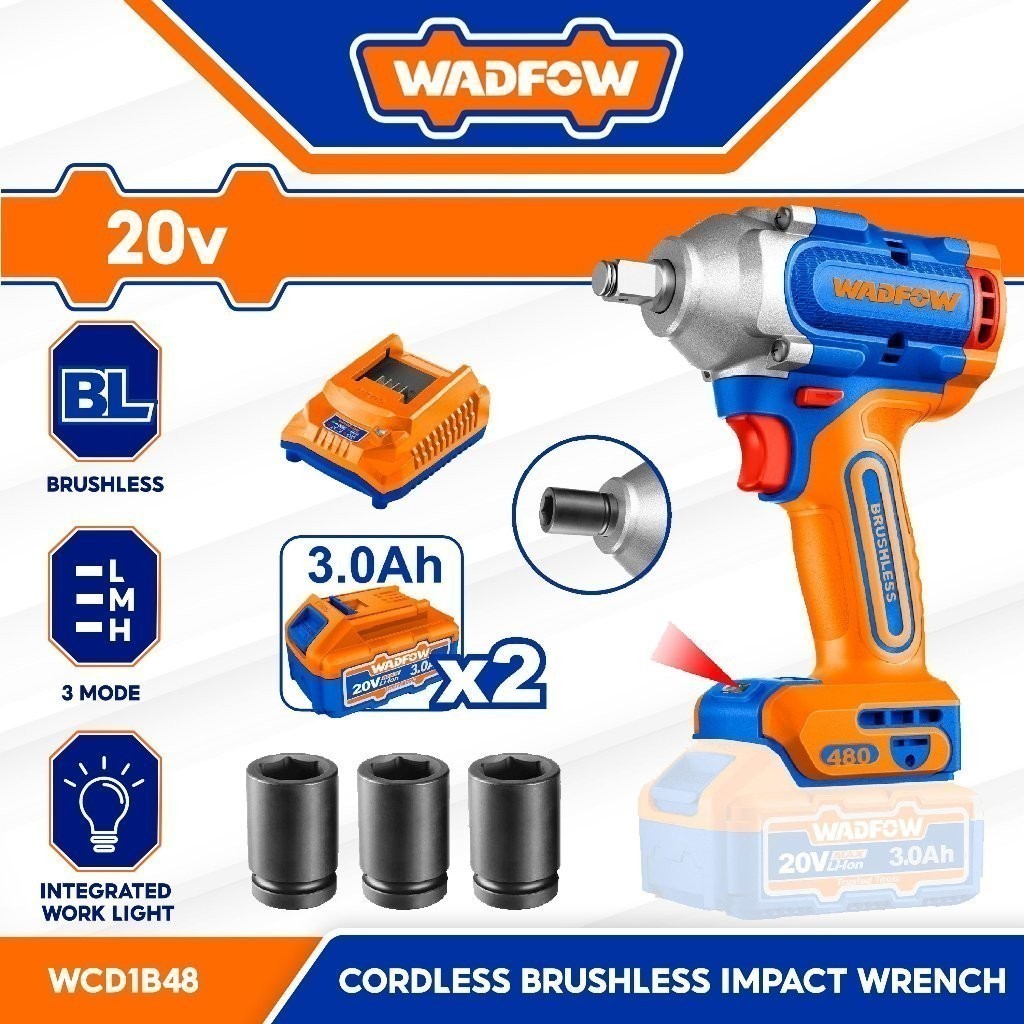 Wadfow P20S/20V Li-Ion Brushless Motor Cordless Impact Wrench Max. Torque 480NM WCD1B48 (WCT)