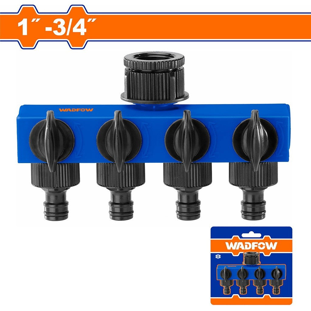 Wadfow 1in-3/4in 4-way Hose Connector Plastic Hose Irrigation w/ Shut-off & Plastic Swivel Nut