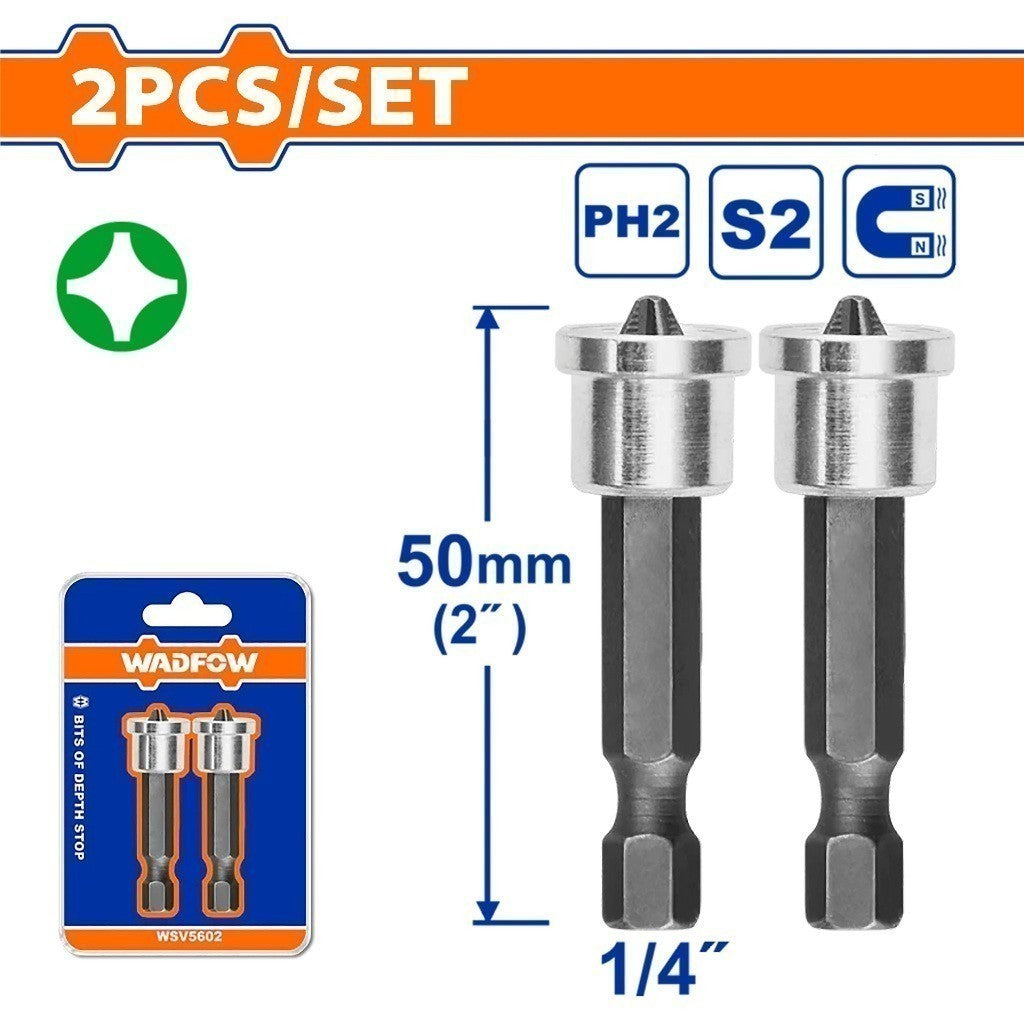 Wadfow 2PCS/Set S2 Industrial Steel Magnetic Bits of Depth Stop PH2 (25mm | 50mm)
