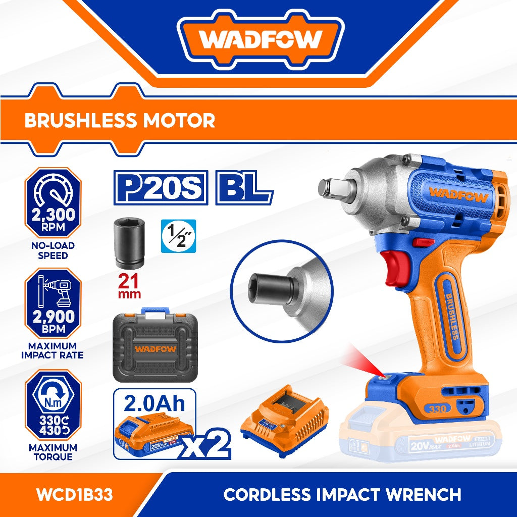 Wadfow P20 Series Li-Ion Brushless Motor Cordless Impact Wrench Max Torque 330NM WCD1B33