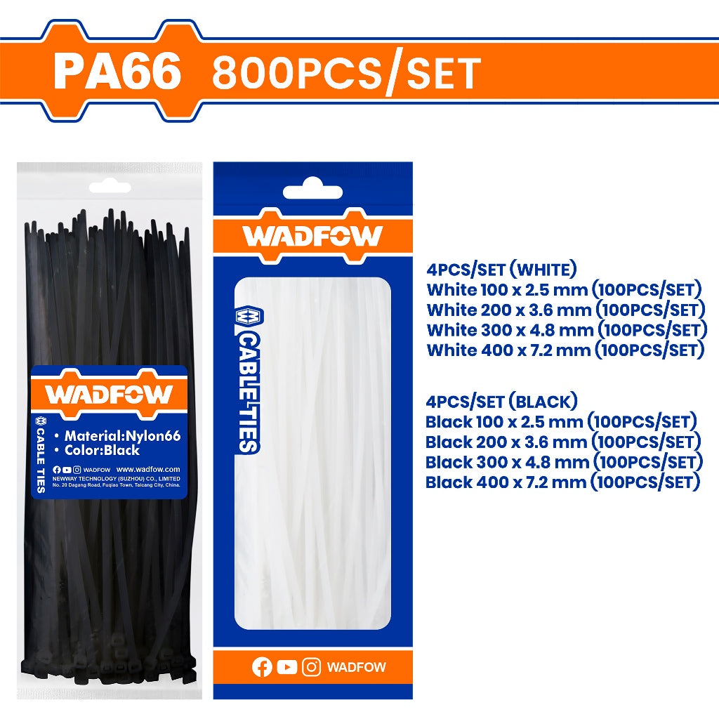 Wadfow 800PCS/Set Multipurpose Nylon Cable Ties Self Locking Zip Ties Cable WTE1234