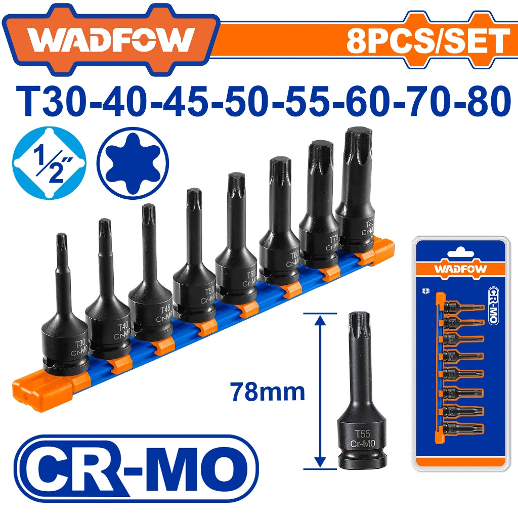 Wadfow 8pcs 1/2" Impact Drive Torx Bit Socket Set CR-MO WMS4408 WAD-HT