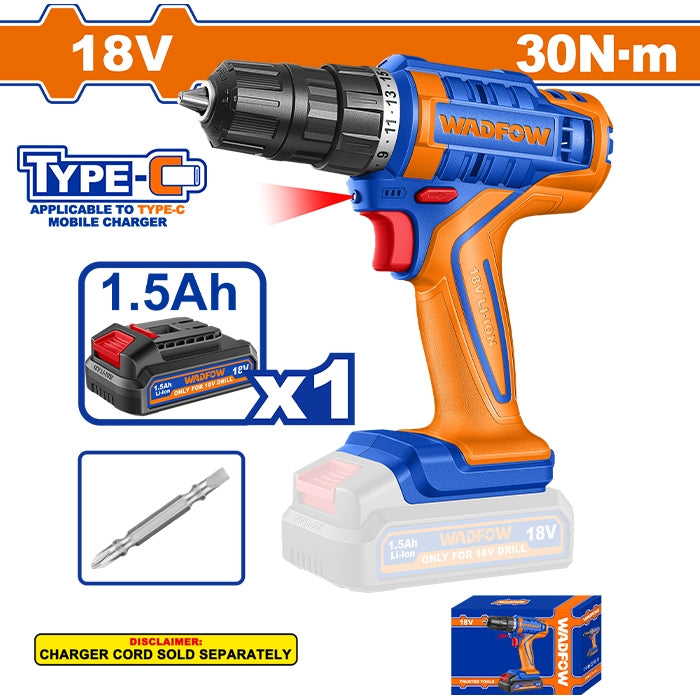 Wadfow 18V Li-Ion Cordless Drill 18V 30Nm with USB Type-C Charging WCDP1815 (WCT)