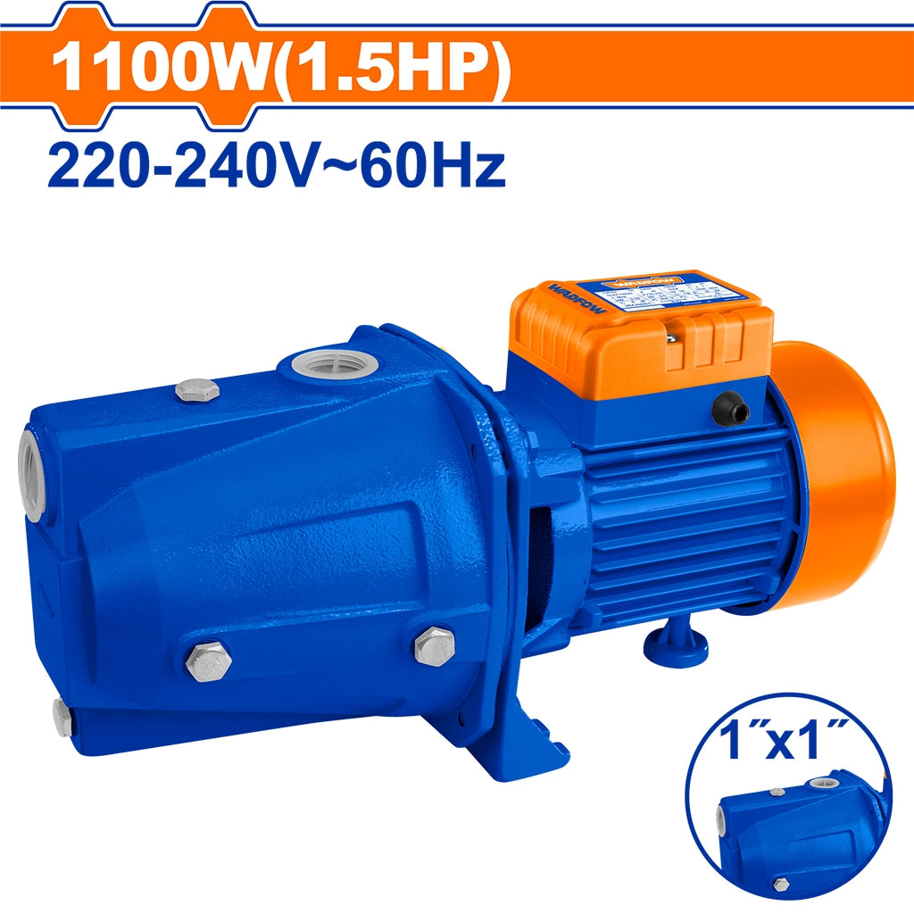 WADFOW 1100W (1.5HP) water pump with blue body and orange motor housing, 220-240V 60Hz, featuring 1-inch inlet and outlet ports