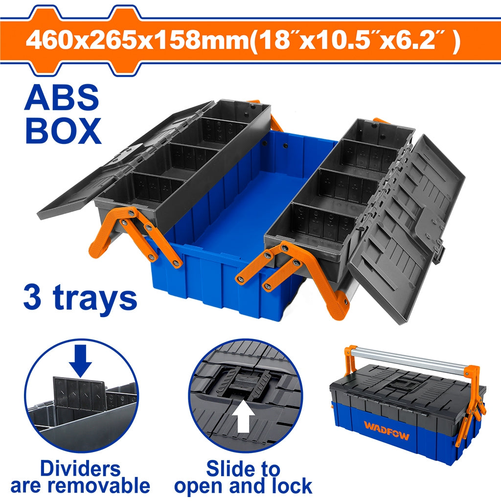 WADFOW 18-inch (460x265x158mm) blue ABS plastic toolbox with 3 cantilever trays, featuring removable dividers and a slide-to-lock mechanism