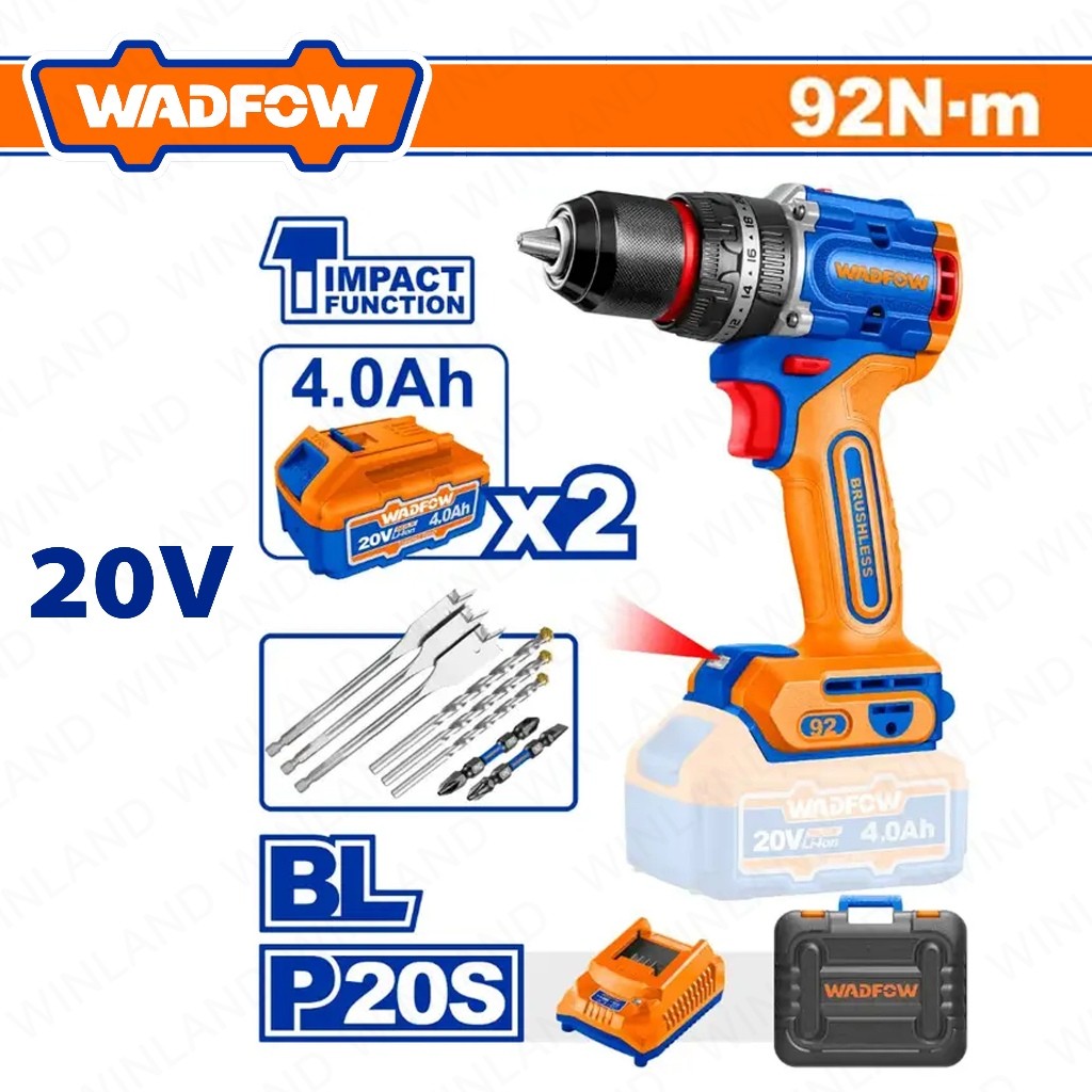 Wadfow P20S/20V Brushless Motor Lithium-Ion Cordless Impact Drill 92NM WCDP9281 (WCT)