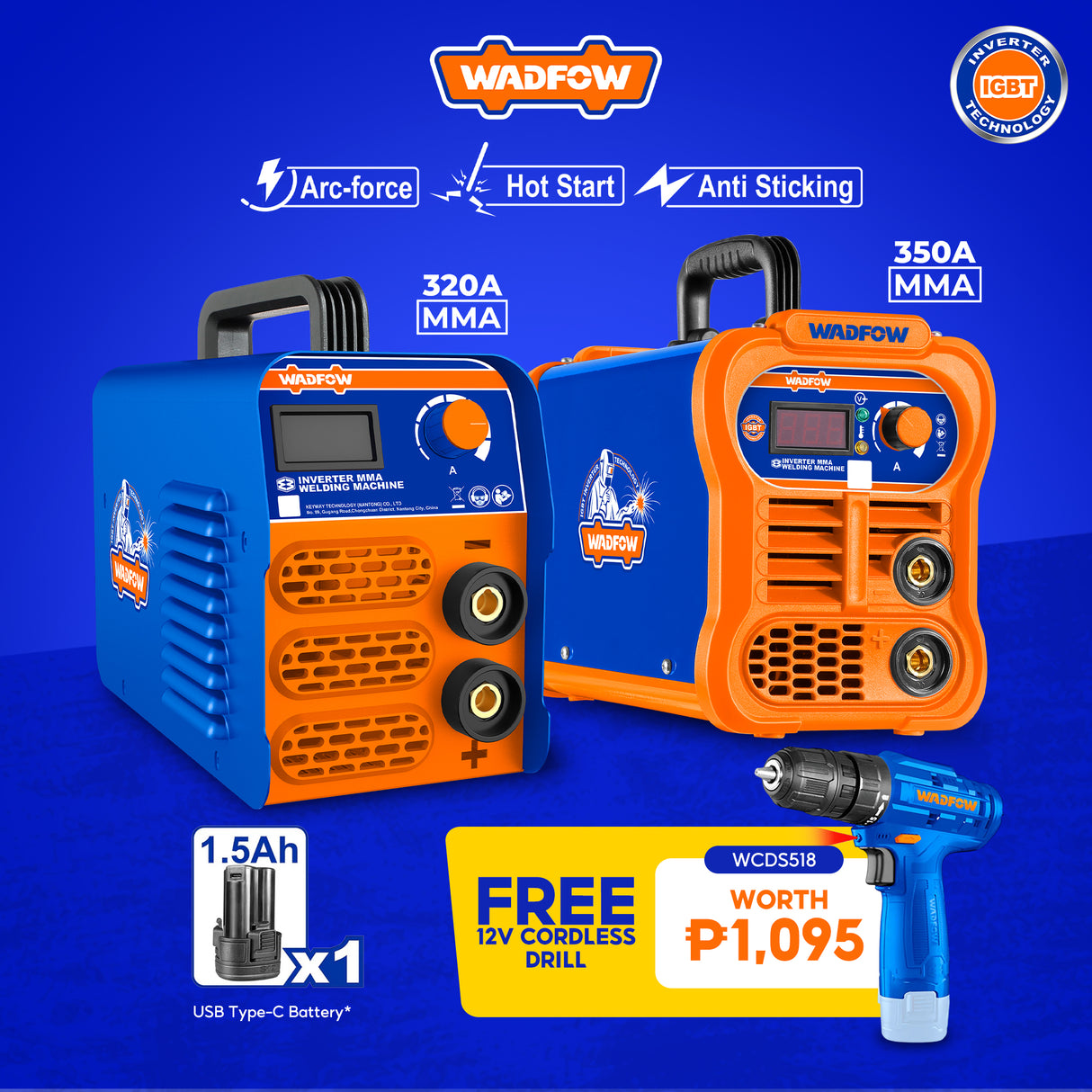 Two welding machines with WADFOW branding on a blue background, featuring text and product details.WWD8320P