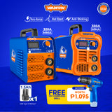 Two welding machines with WADFOW branding on a blue background, featuring text and product details.WWD8320P
