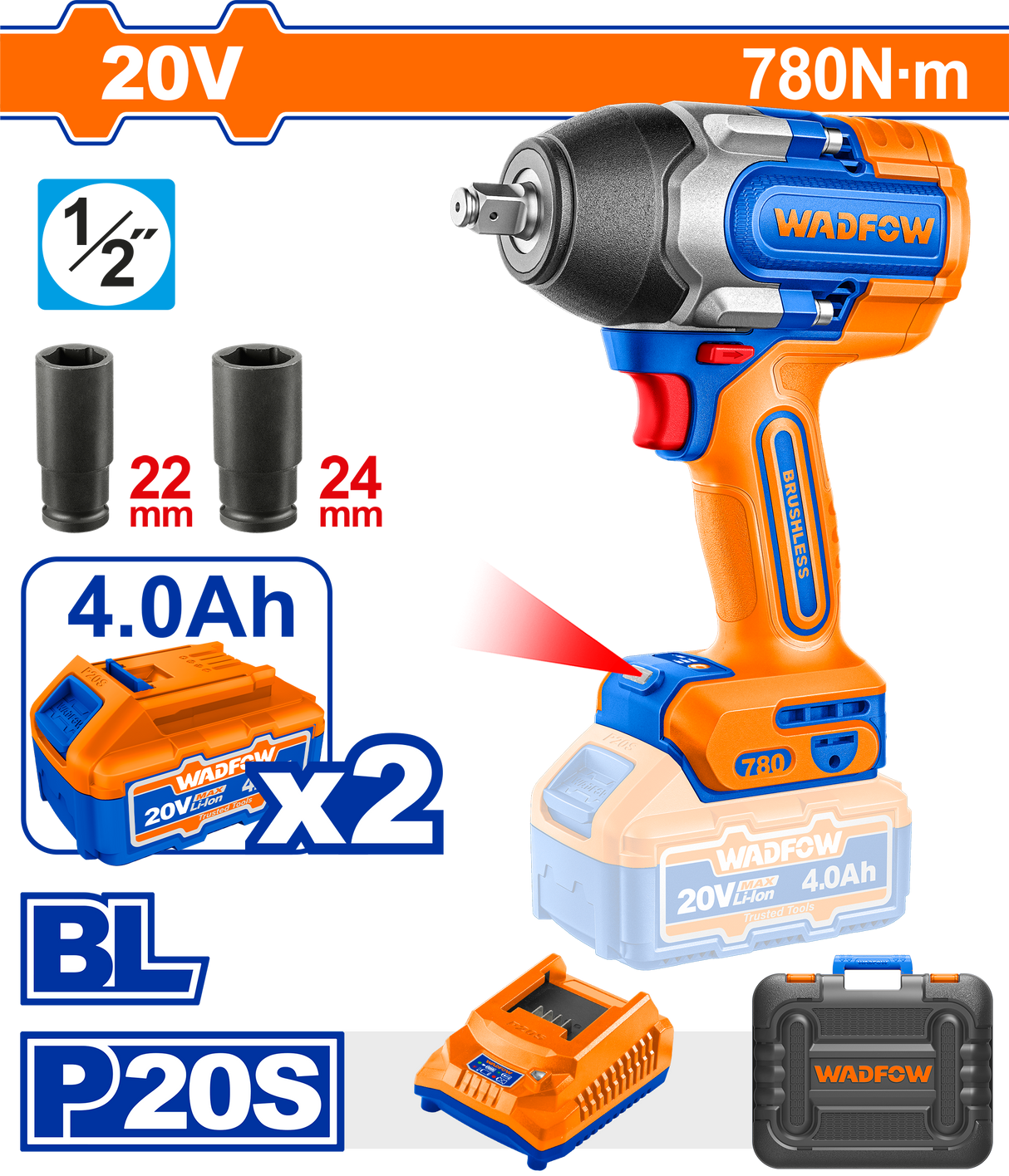 Wadfow by Winland P20S/20V Brushless Motor Lithium-Ion Cordless Impact Wrench 780NM WCD1B78 WAD-CT