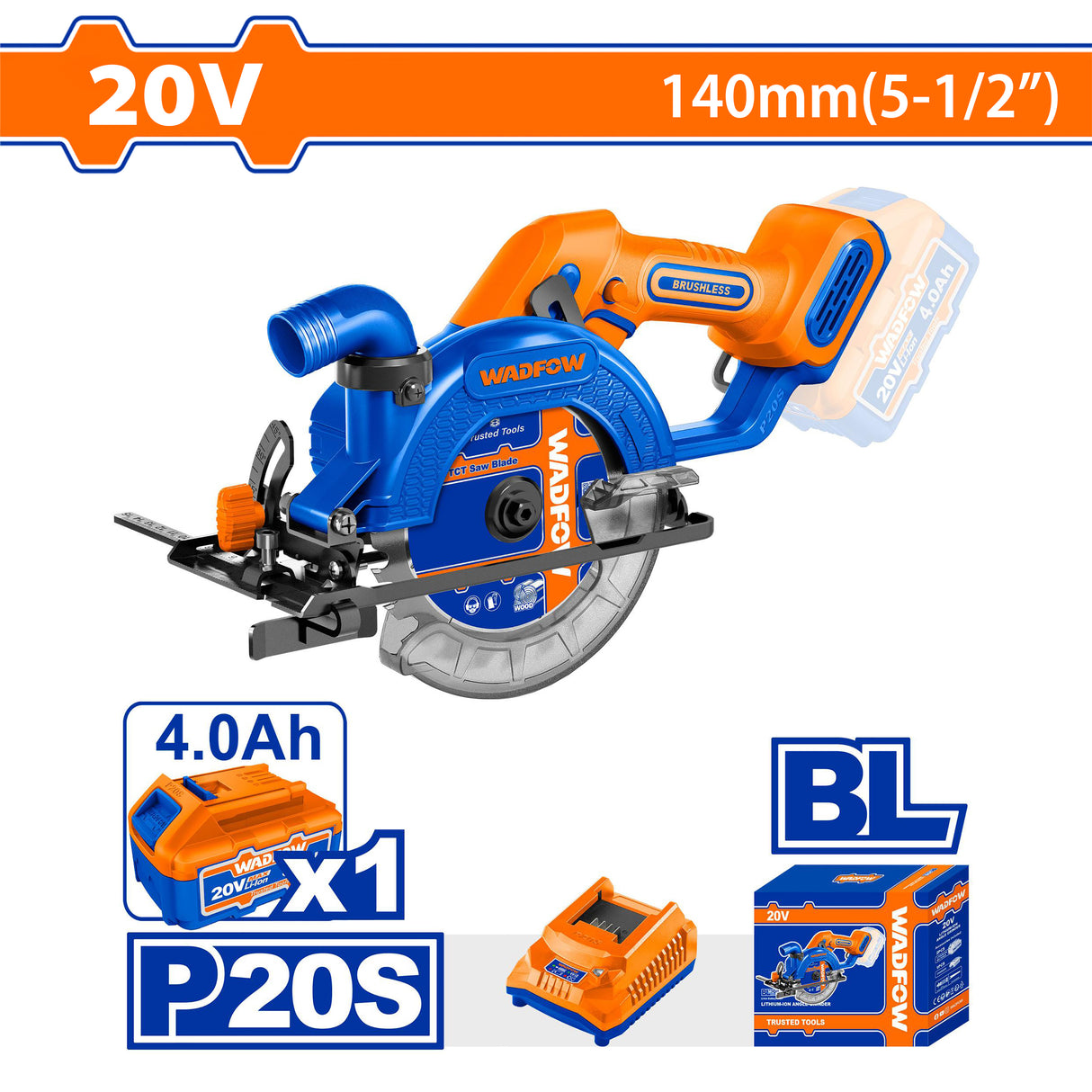 Wadfow P20 Series Li-Ion 20V Brushless Motor Cordless Circular Saw (WCT)