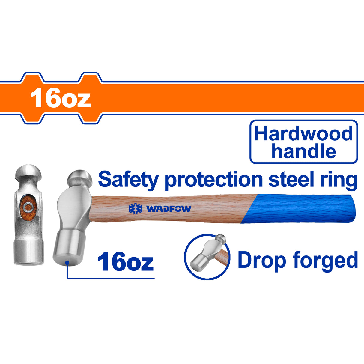 Wadfow Drop-Forged Carbon Steel Hammerhead Ball Pein Hammer With Hardwood Handle (WHT)