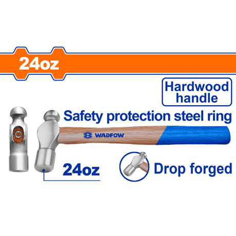 Wadfow Drop-Forged Carbon Steel Hammerhead Ball Pein Hammer With Hardwood Handle (WHT)