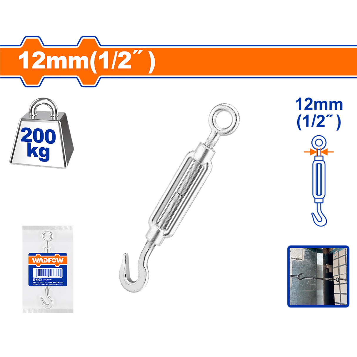 Wadfow 6mm(1/4") | 12mm(1/2") Turnbuckle Hook and Eye Cable Tensioner Hook
