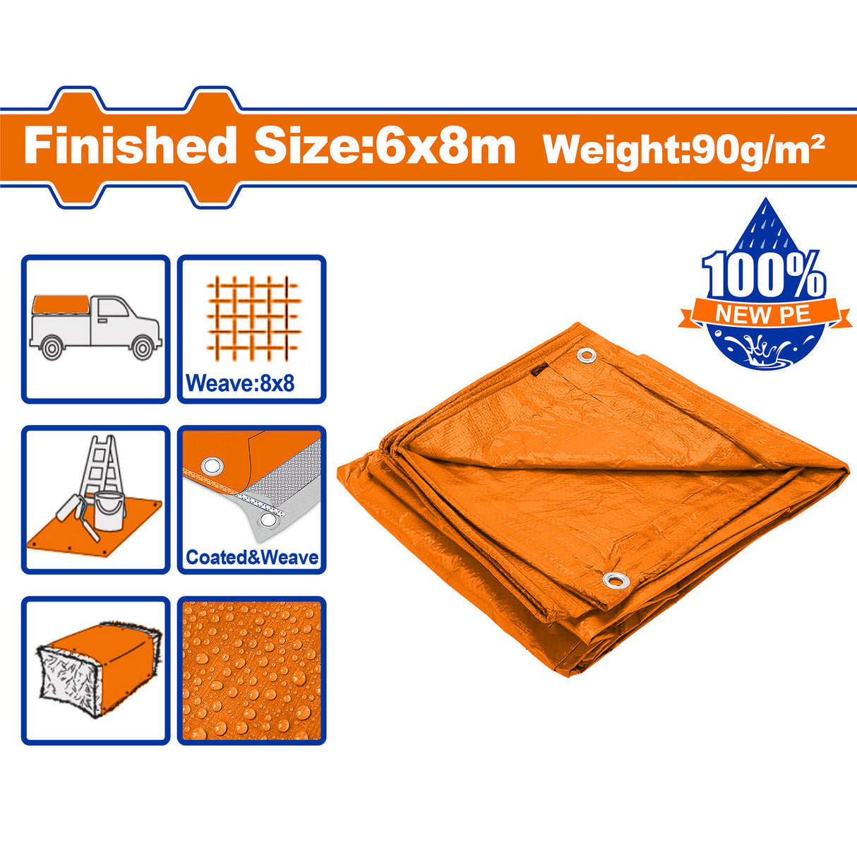 Wadfow WTQ0968 90g/m2 Waterproof 100% new PE Material Polyethylene 6m*8m FEET: 19.6 x 26.3 (Orange)