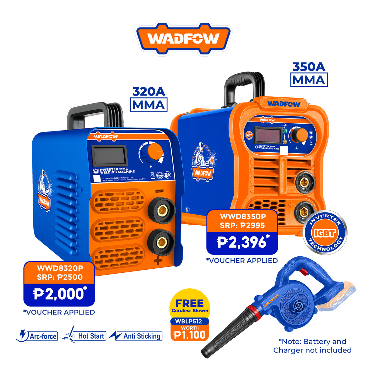 Wadfow 320A / 350A MMA Welding Machine Inverter Portable IGBT with Free Cordless Blower