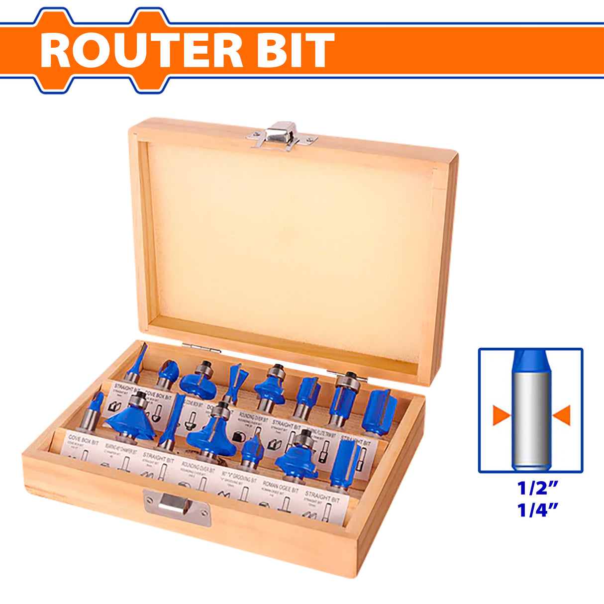 Wadfow 1/2in & 1/4in 15PCS/Set Router Bits Shank for Wood Working Cutting Tools