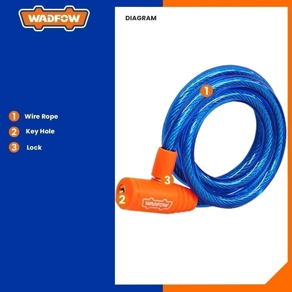 Wadfow 12mm x 800mm | 12mm x 1200mm | 15mm x1200mm Bicycle Lock / Safety Lock 2pcs keys WBK111 (WHT)