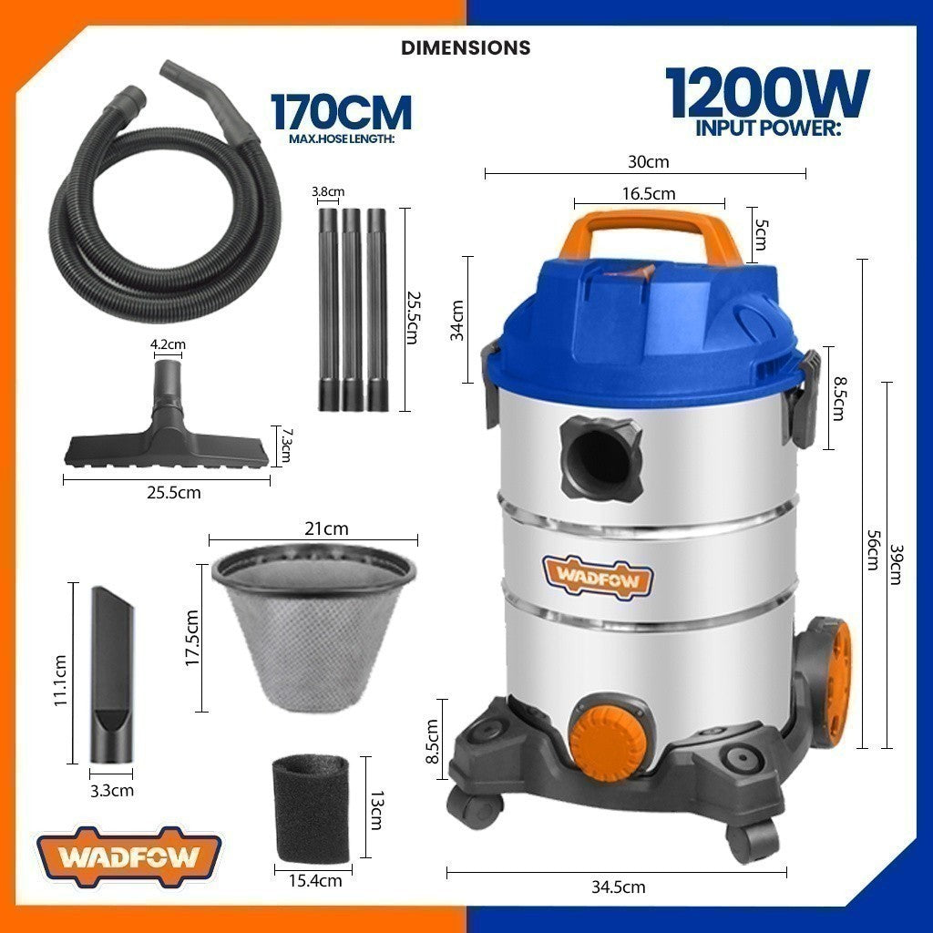 Wadfow 25 Liters Wet & Dry Vacuum Cleaner Capacity Household Floor Cleaning Tools 1200W