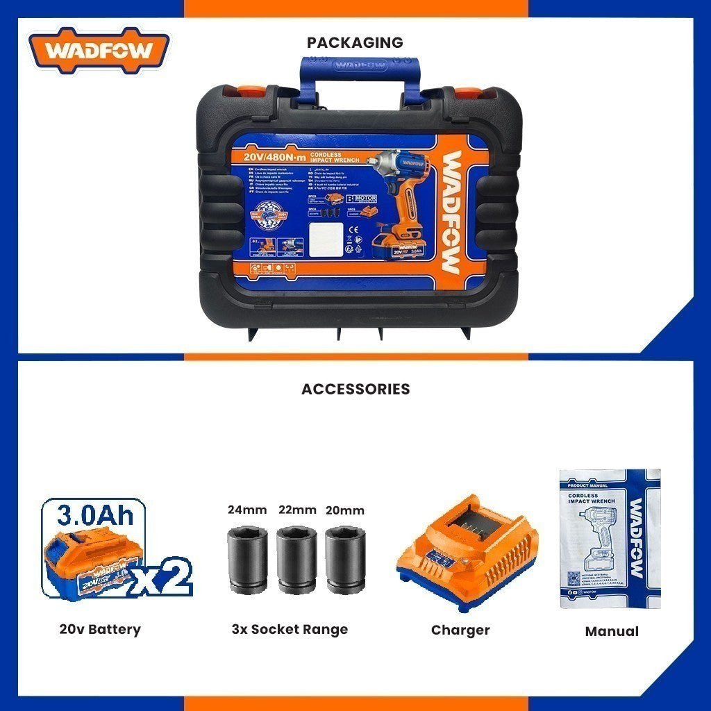 Wadfow P20S/20V Li-Ion Brushless Motor Cordless Impact Wrench Max. Torque 480NM WCD1B48 (WCT)