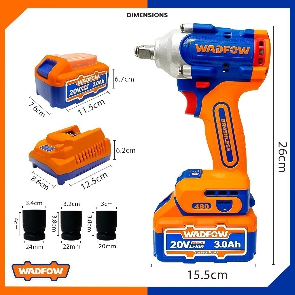 Wadfow P20S/20V Li-Ion Brushless Motor Cordless Impact Wrench Max. Torque 480NM WCD1B48 (WCT)