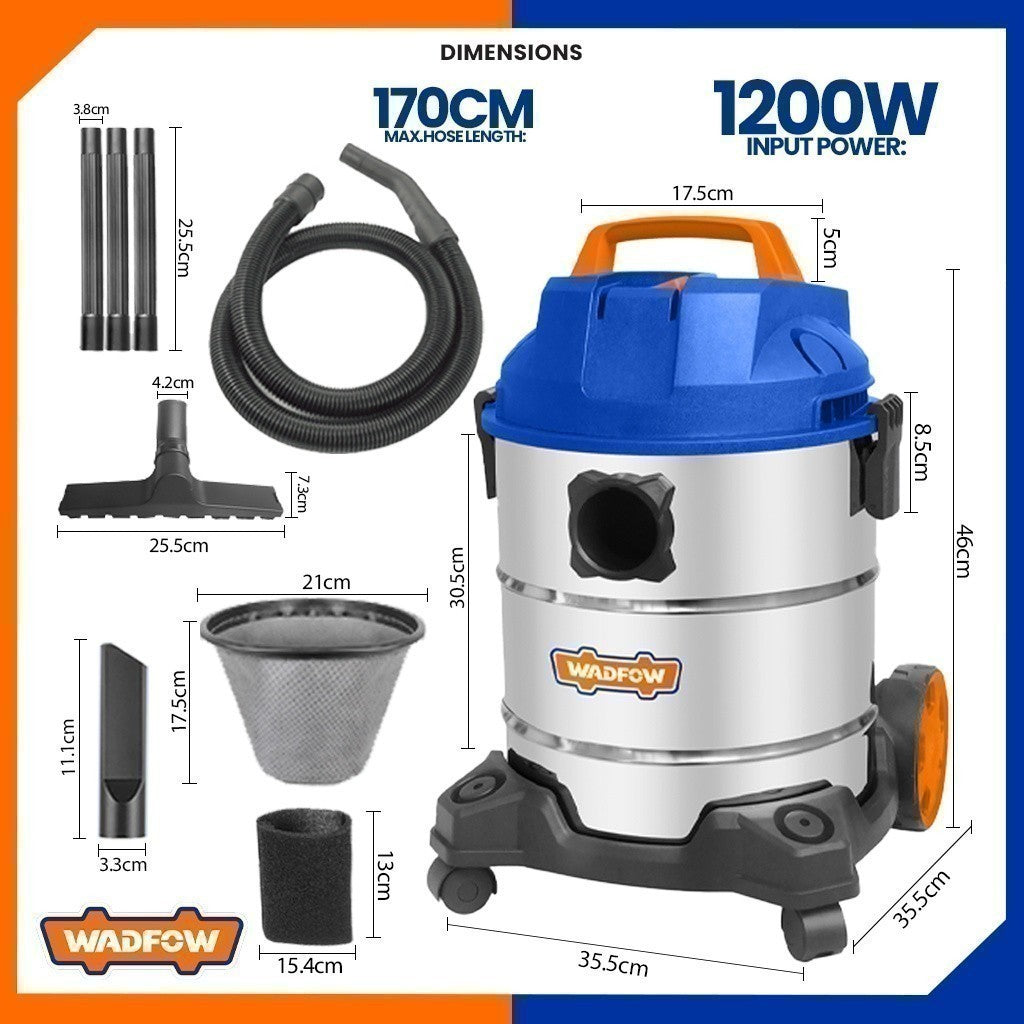 Wadfow 20 Liters Wet & Dry Vacuum Cleaner Capacity Household Floor Cleaning Tools 1200W