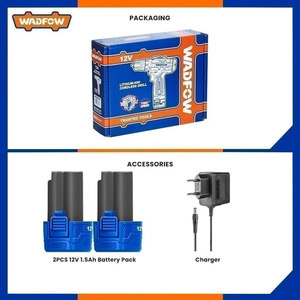 Wadfow S12 Series Lithium-Ion Cordless Drill 12v With 2Pcs Battery & Charger