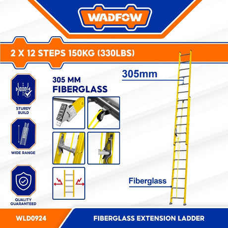 Wadfow 2 x 10 | 2 x 12 | 2 x 14 Extension Fiberglass Ladder Max Load 150kg(330 lbs)