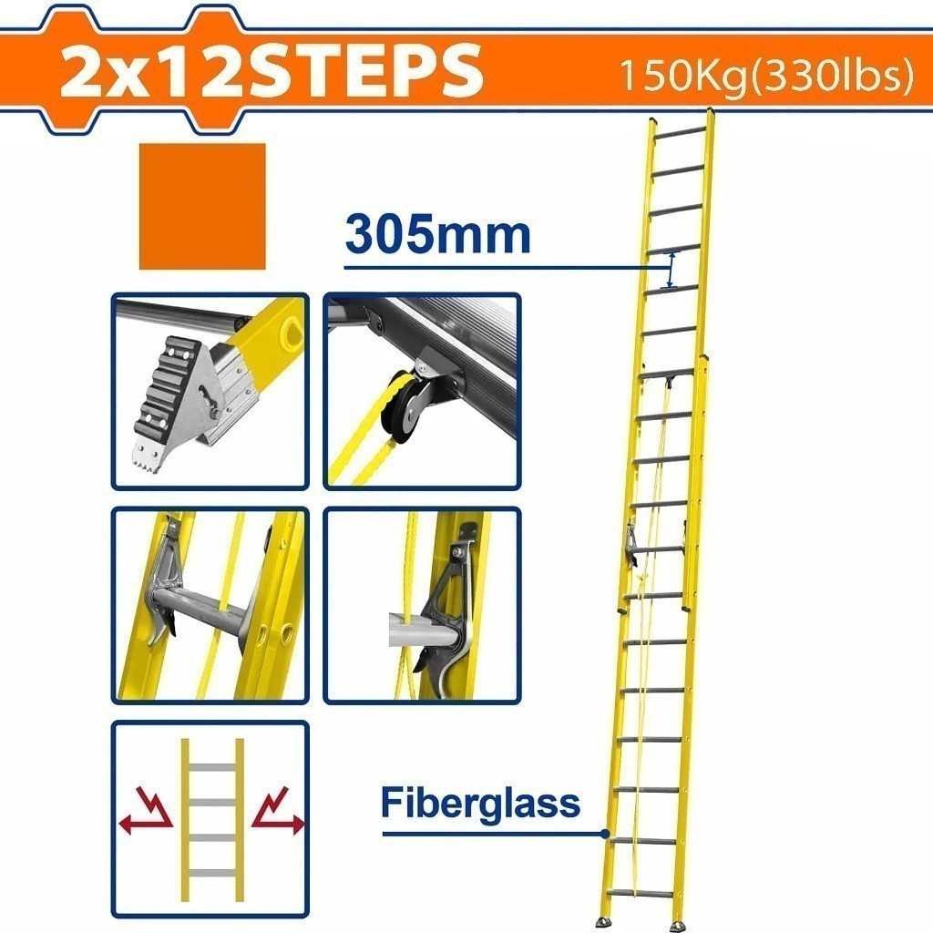 Wadfow 2 x 10 | 2 x 12 | 2 x 14 Extension Fiberglass Ladder Max Load 150kg(330 lbs)