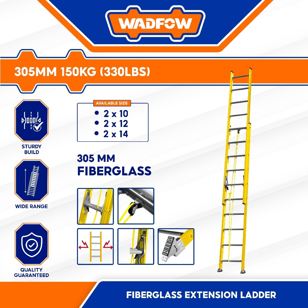 Wadfow 2 x 10 | 2 x 12 | 2 x 14 Extension Fiberglass Ladder Max Load 150kg(330 lbs)